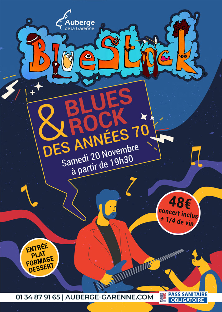Soirée Blues, Rock des année 70 avec BlueStock, Samedi 20 Novembre à partir de 19h30.